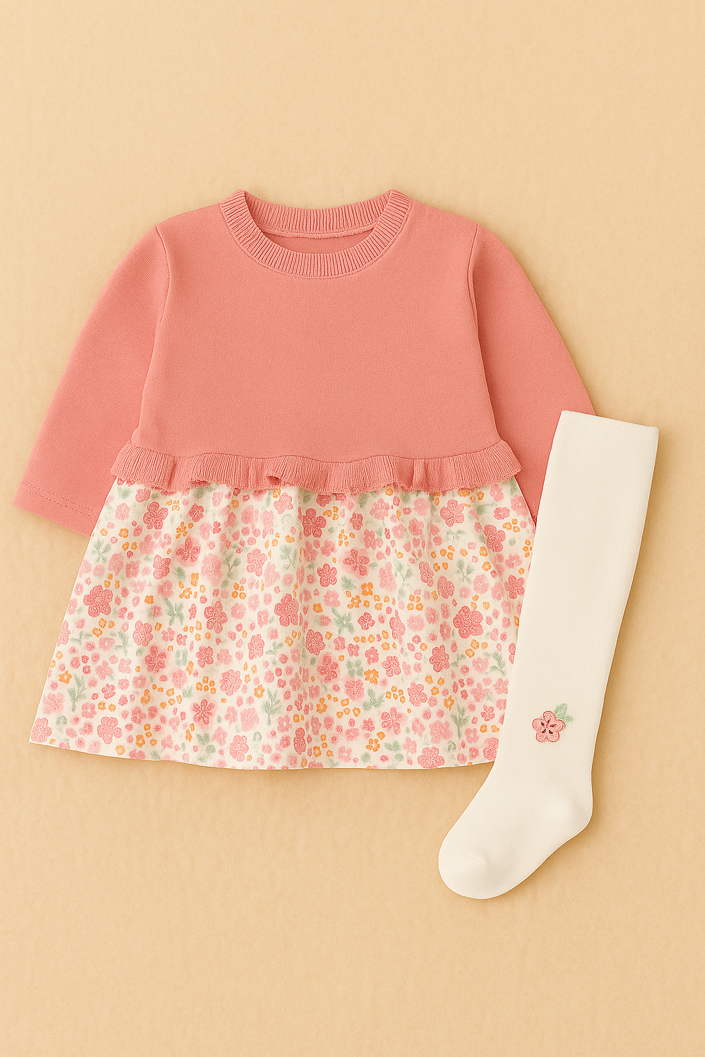 🌸 Vestido de Malha e Algodão com Collants | Look Floral Romântico (1–12 meses)