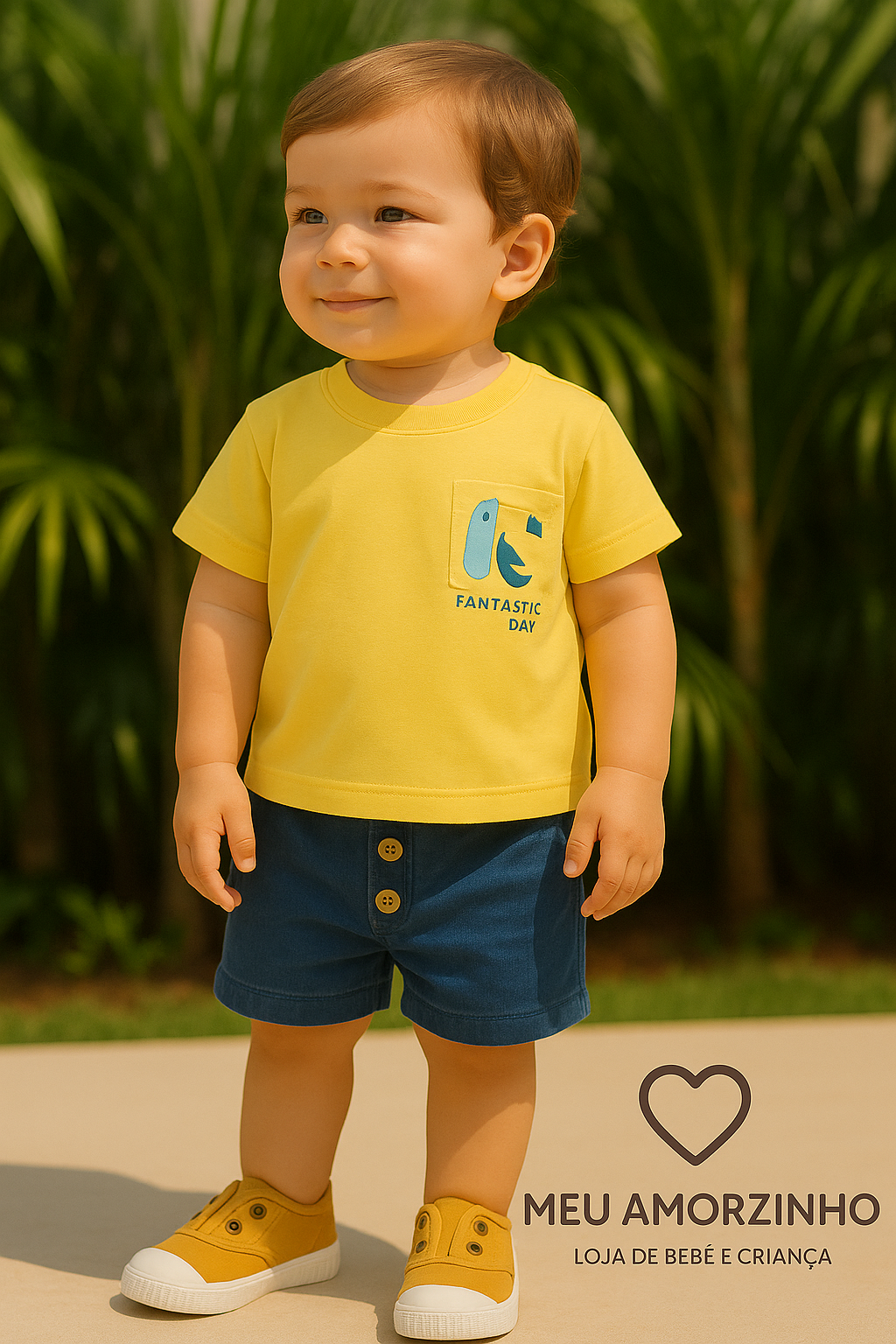 T-shirt Amarela “Fantastic Day” com Estampa de Tucano – Menino