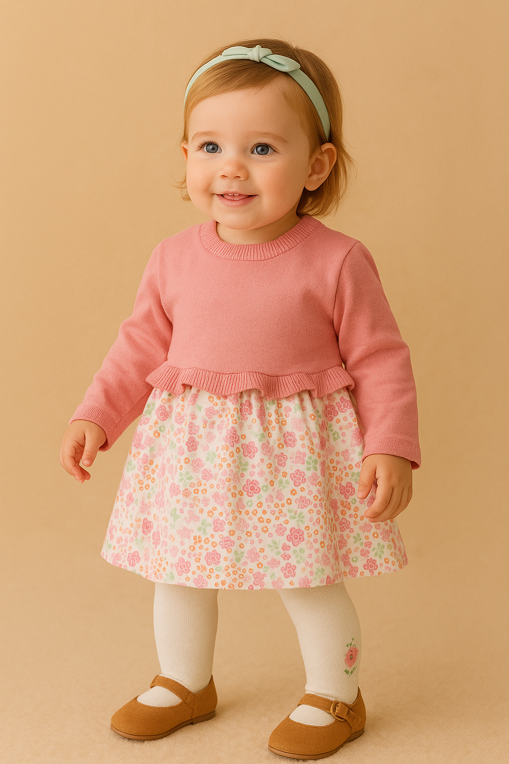 🌸 Vestido de Malha e Algodão com Collants | Look Floral Romântico (1–12 meses)