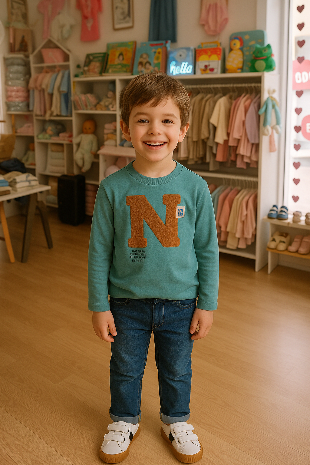 💚 Sweat-shirt verde com letra N em relevo – menino (2 aos 7 anos)