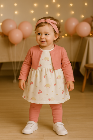 🦔 Conjunto Rosa Doce com Vestido, Legging e Faixa