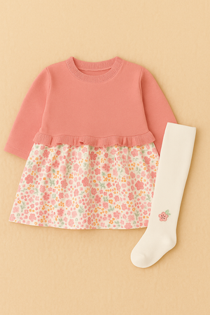 🌸 Vestido de Malha e Algodão com Collants | Look Floral Romântico (1–12 meses)