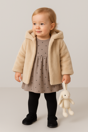 🤍 Vestido em Algodão com Corações – Cinzento Taupe