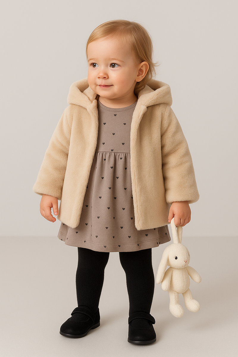 🤍 Vestido em Algodão com Corações – Cinzento Taupe