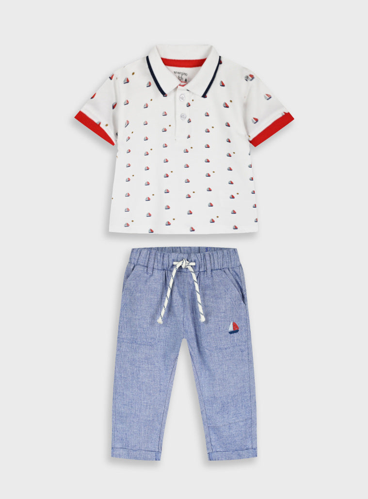 Conjunto Marinheiro Bebé Menino | Polo + Calças Bordado 100% Algodão | Energiers