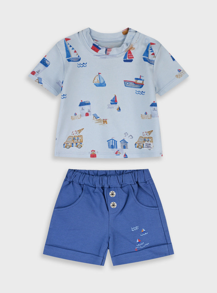 Conjunto 2 Peças Barquinhos Bebé | T-shirt + Calções Algodão