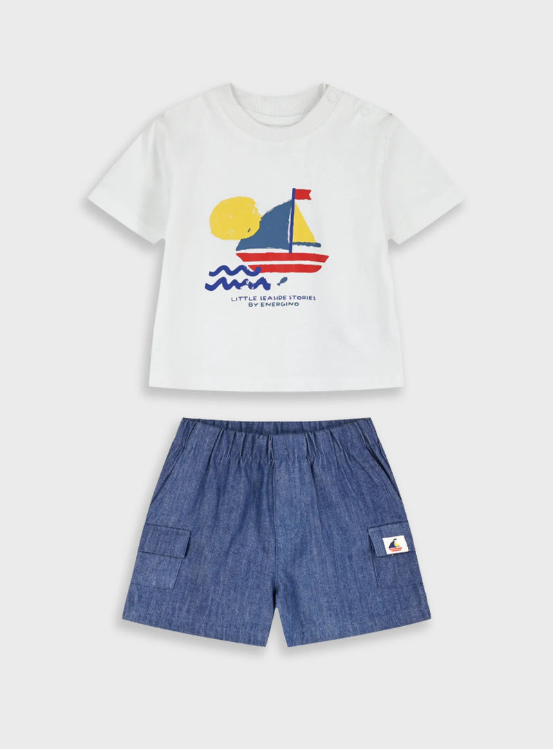 Conjunto Barquinho à Vela Bebé Menino | T-shirt Algodão + Calção Ganga