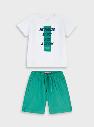 Conjunto T-Shirt e Calções 100% Algodão Branco e Verde