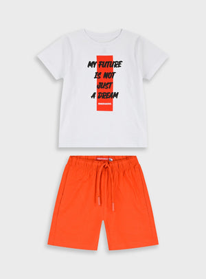 Conjunto T-Shirt e Calções 100% Algodão Branco e Laranja