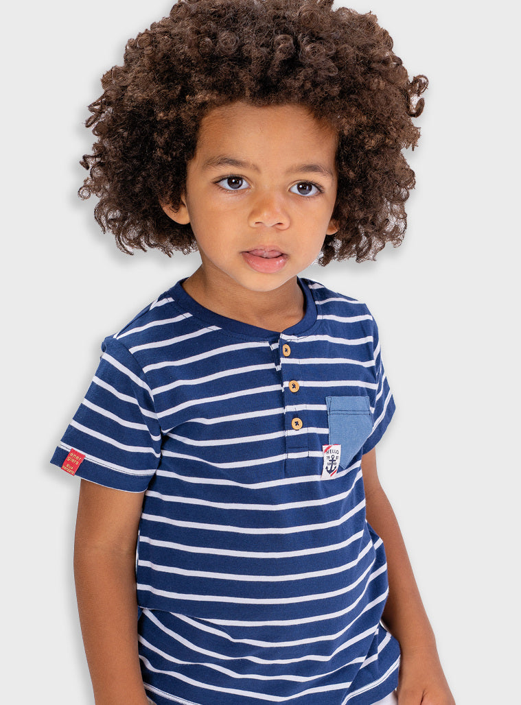 T-shirt Riscas Navy com Botões Menino 12M-6 Anos