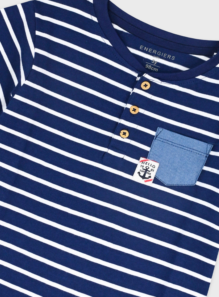 T-shirt Riscas Navy com Botões Menino 12M-6 Anos
