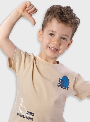 T-shirt Dinossauro Bege Menino | Estampado Azul
