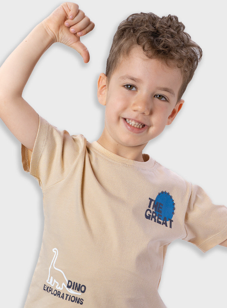 T-shirt Dinossauro Bege Menino | Estampado Azul