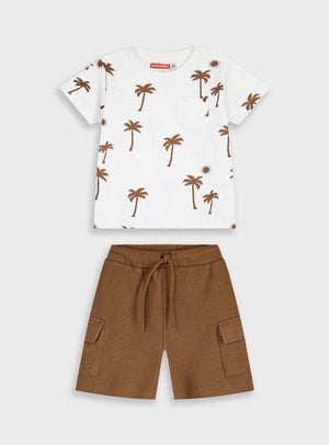Conjunto Estampado Palmeiras Branco e Caramelo | T-shirt + Calções com Bolsos