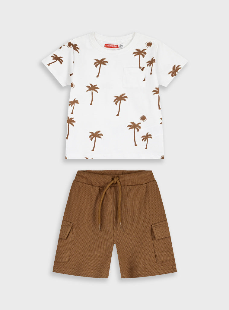Conjunto Estampado Palmeiras Branco e Caramelo | T-shirt + Calções com Bolsos