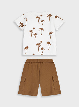 Conjunto Estampado Palmeiras Branco e Caramelo | T-shirt + Calções com Bolsos