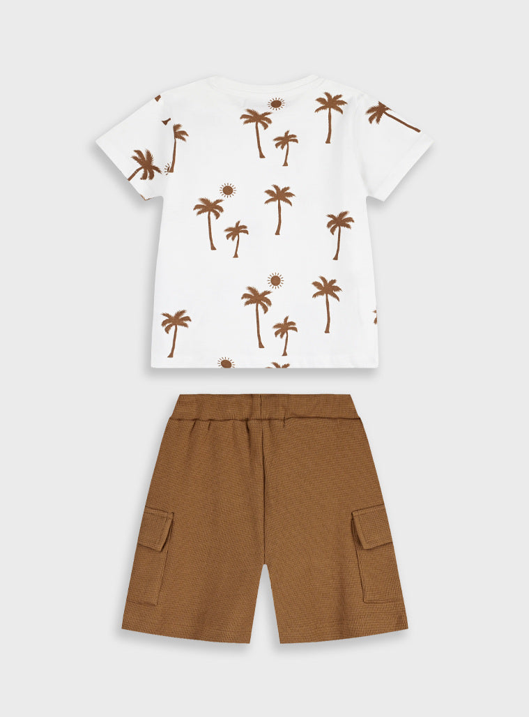 Conjunto Estampado Palmeiras Branco e Caramelo | T-shirt + Calções com Bolsos