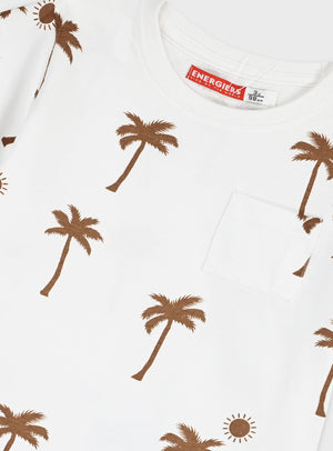Conjunto Estampado Palmeiras Branco e Caramelo | T-shirt + Calções com Bolsos