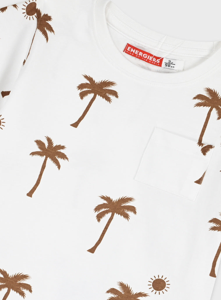 Conjunto Estampado Palmeiras Branco e Caramelo | T-shirt + Calções com Bolsos