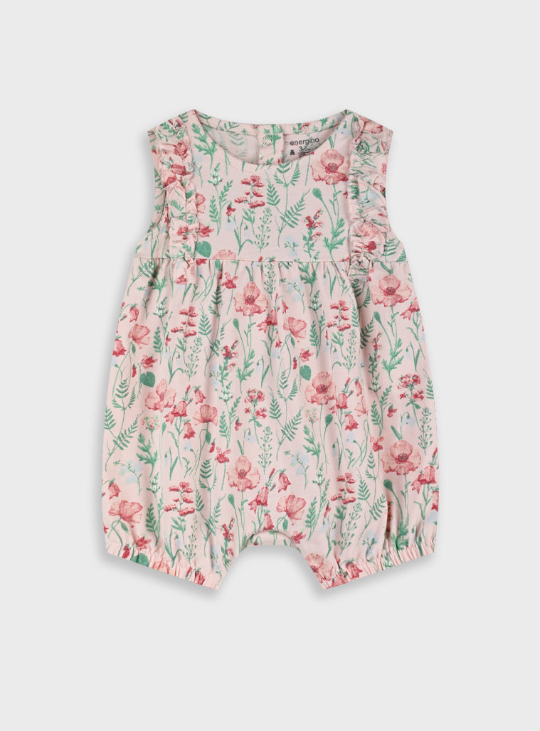 Macacão Bebé Menina Rosa com Flores Vermelhas | 100% Algodão | 6-15 Meses