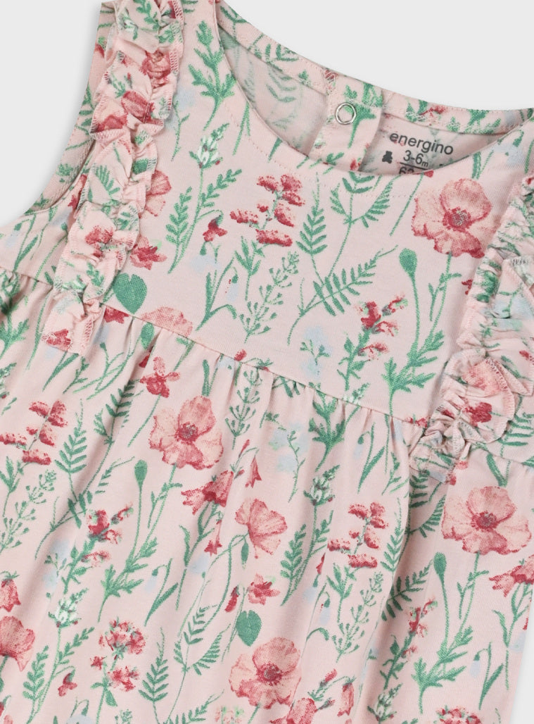 Macacão Bebé Menina Rosa com Flores Vermelhas | 100% Algodão | 6-15 Meses