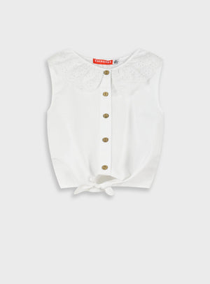 Top Branco com Golinha Bordado Inglês e Nó | Menina 12 meses-6 Anos