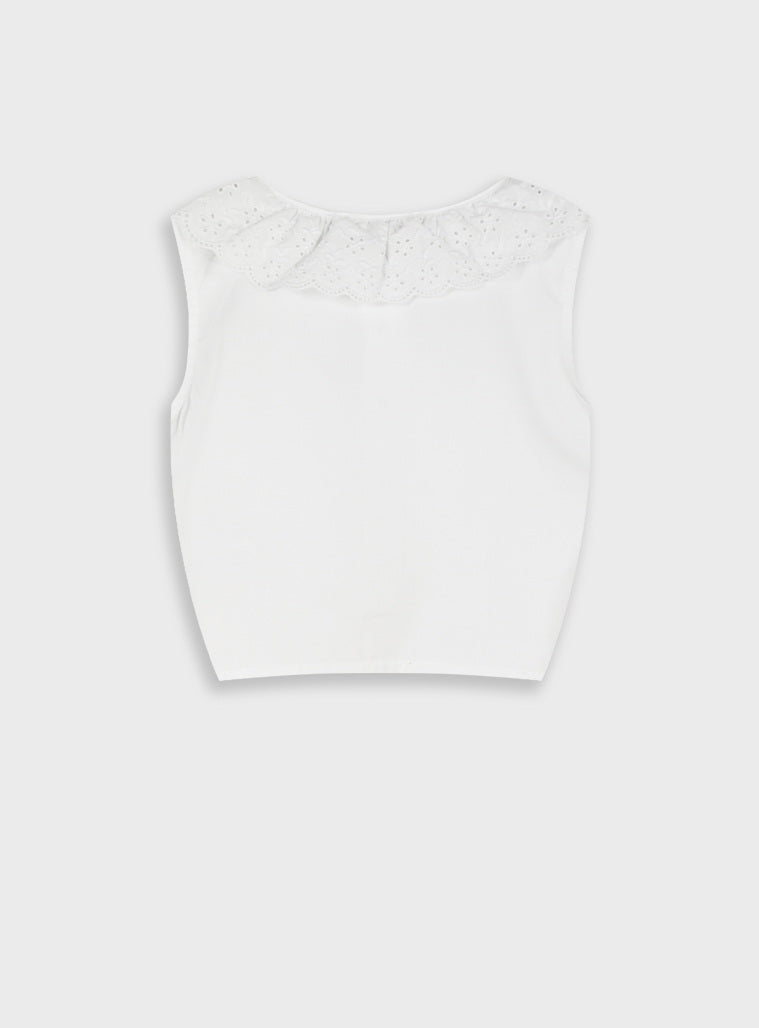Top Branco com Golinha Bordado Inglês e Nó | Menina 12 meses-6 Anos