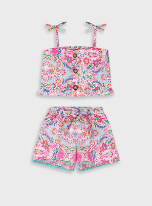 Conjunto Top e Calções Menina Rosa Turquesa Azul | 2-6 Anos