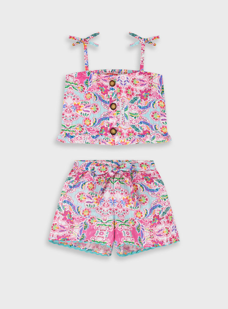 Conjunto Top e Calções Menina Rosa Turquesa Azul | 2-6 Anos