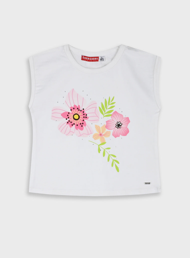 T-shirt Menina Branca Flores Rosa e Folhas Verde | 3-6 Anos