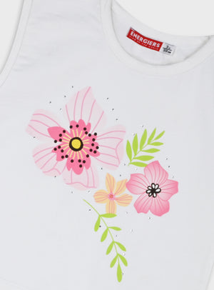 T-shirt Menina Branca Flores Rosa e Folhas Verde | 3-6 Anos