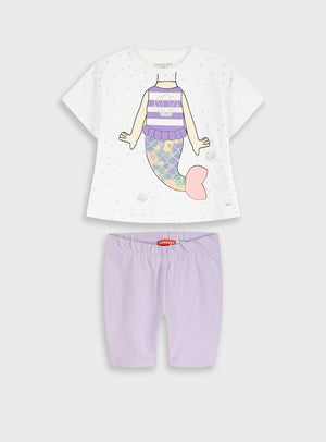 Conjunto Sereia Algodão T-shirt + Calção | Menina 12 meses-6 Anos