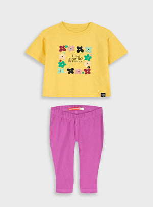 Conjunto T-shirt Amarela com Flores e Legging Pirata Rosa | 12 Meses-6 Anos