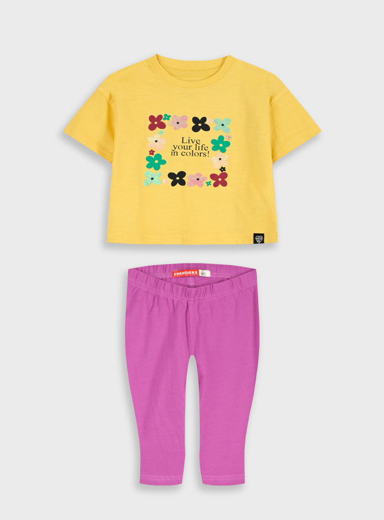 Conjunto T-shirt Amarela com Flores e Legging Pirata Rosa | 12 Meses-6 Anos