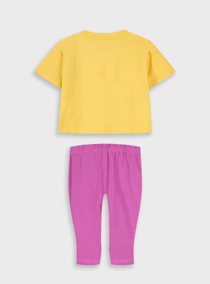 Conjunto T-shirt Amarela com Flores e Legging Pirata Rosa | 12 Meses-6 Anos