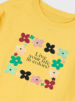 Conjunto T-shirt Amarela com Flores e Legging Pirata Rosa | 12 Meses-6 Anos