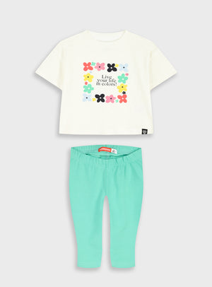 Conjunto T-shirt Branca com Flores e Legging Pirata Verde Menina | 12 Meses-6 Anos