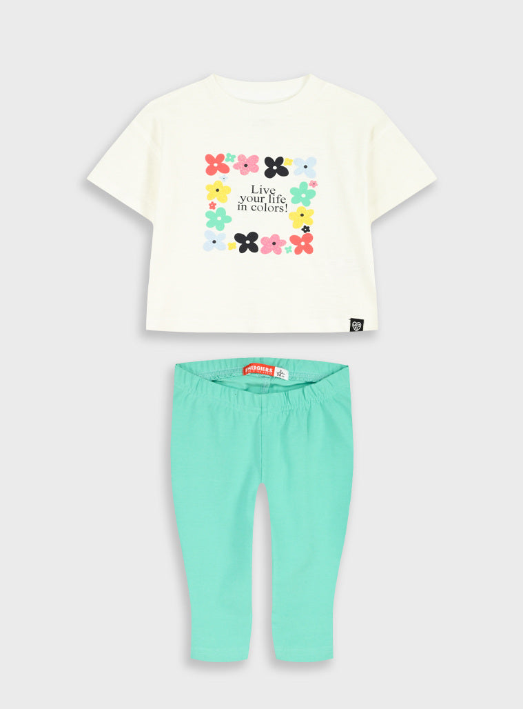 Conjunto T-shirt Branca com Flores e Legging Pirata Verde Menina | 12 Meses-6 Anos