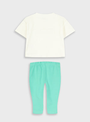Conjunto T-shirt Branca com Flores e Legging Pirata Verde Menina | 12 Meses-6 Anos