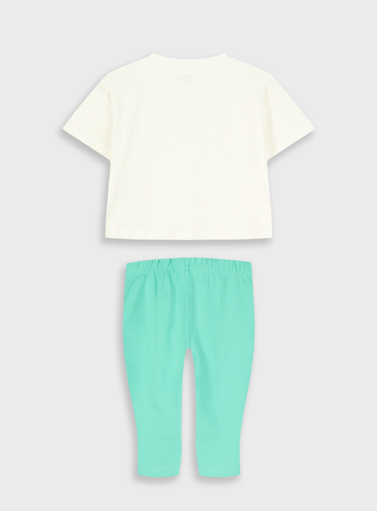 Conjunto T-shirt Branca com Flores e Legging Pirata Verde Menina | 12 Meses-6 Anos