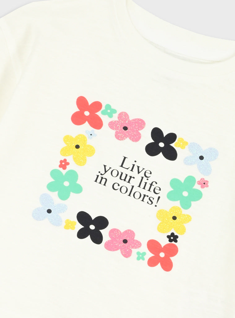Conjunto T-shirt Branca com Flores e Legging Pirata Verde Menina | 12 Meses-6 Anos