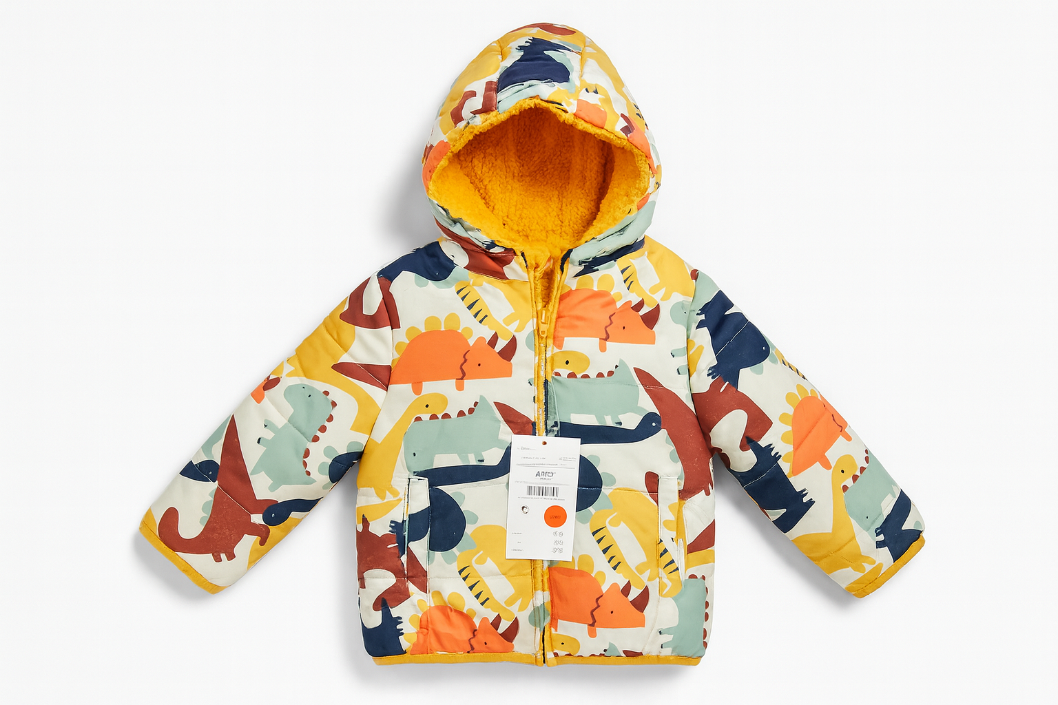 Casaco Reversível Dinossauros com Interior Peludo Mostarda