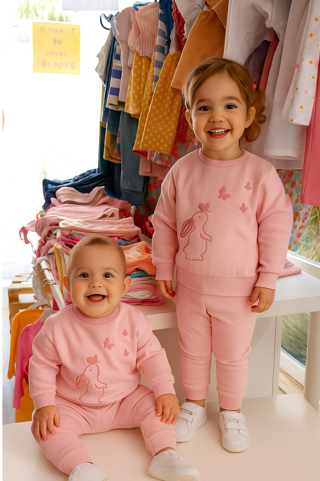 Conjunto Rosa Menina – Coelhinho e Borboletas em Algodão Suave