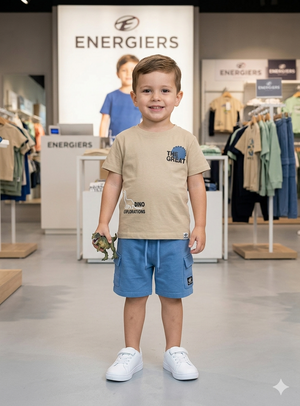 T-shirt Dinossauro Bege Menino | Estampado Azul