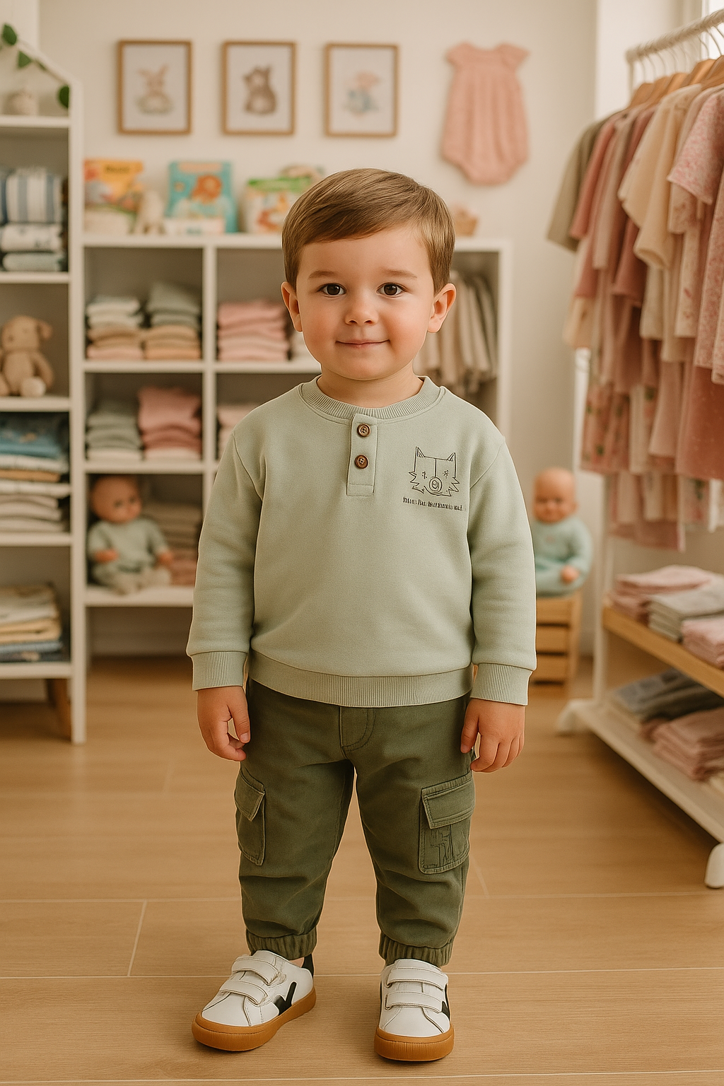 Calças de Bolsos Laterais para Bebé | Verde Militar, Algodão e Cintura Ajustável