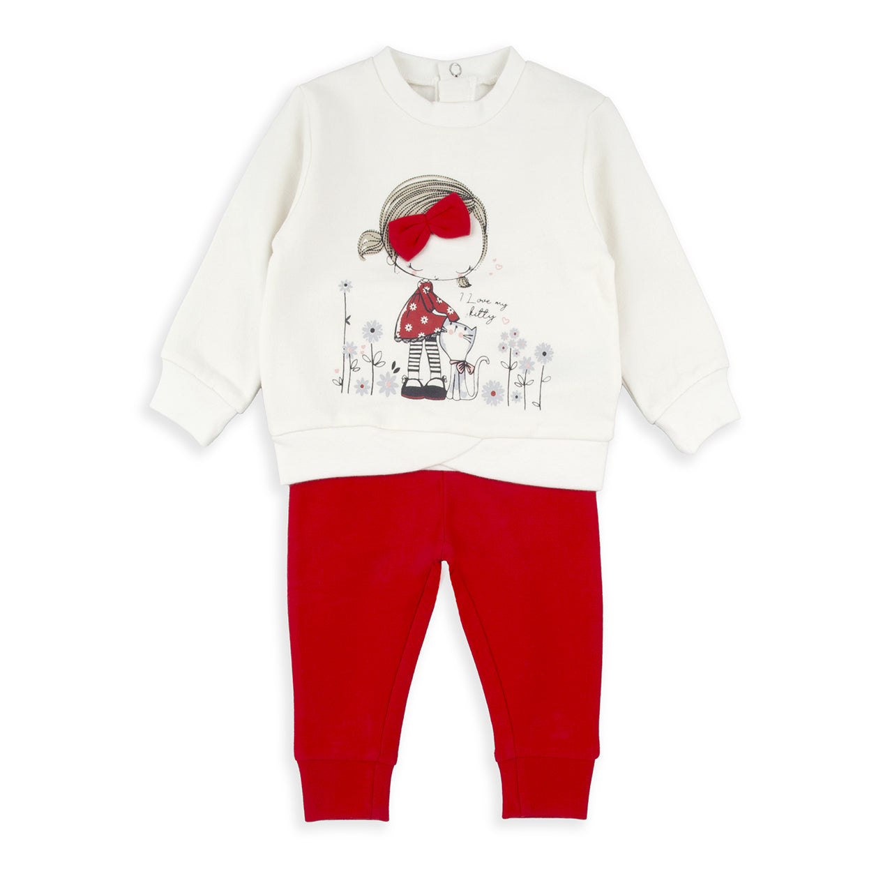 👧 Conjunto Menina Outono-Inverno – Sweatshirt Branca Ilustrada + Calças Vermelhas