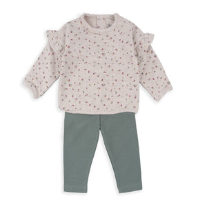 👧 Conjunto Menina Outono-Inverno – Sweatshirt Bege Floral + Leggings Verde