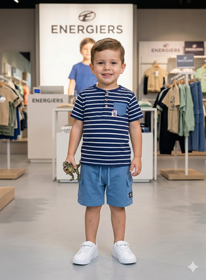 T-shirt Riscas Navy com Botões Menino 12M-6 Anos