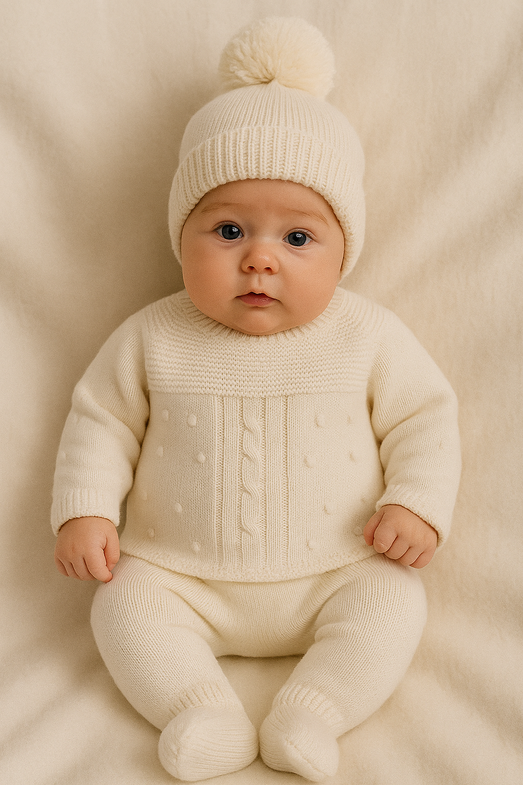 Conjunto Tricot Creme com Pé e Gorro Pompom