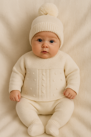 Conjunto Tricot Creme com Pé e Gorro Pompom